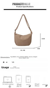 Detailed size chart and capacity guide for nylon dumpling crossbody bag showing dimensions