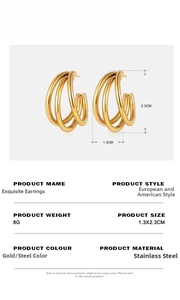Macro detail of triple-layered C-shape stainless steel hoop earrings in gold and silver
