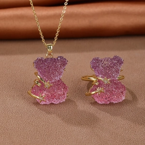 Cute pink and purple gradient crystal bear necklace and ring set with golden accents