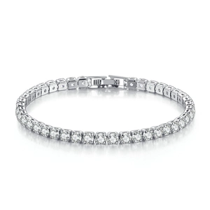 Classic silver tennis bracelet with four-claw round cut moissanite stones and fold-over clasp