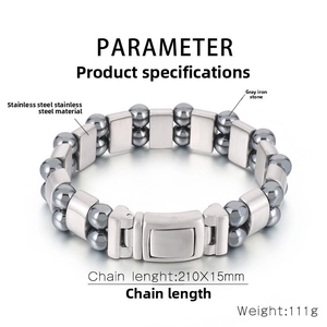 Detail of double-row hematite beads and stainless steel clasp on men's bracelet