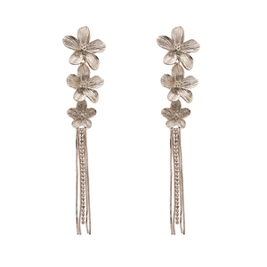 Elegant vintage flower tassel earrings with sparkling rhinestones and silver metal finish