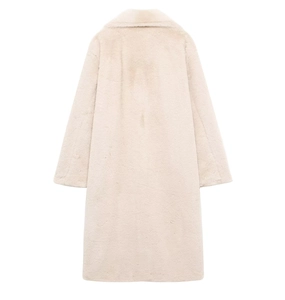 Rear view of a long faux fur coat in cream white featuring premium plush texture
