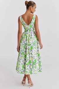 Detail view of the back V-neckline and zipper on a floral sleeveless midi dress