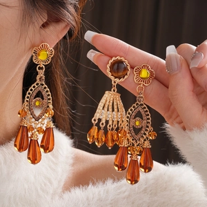 Vintage Tassel Dangle Earrings Alloy Resin Rhinestone With Silver Earring Post Geometric Round Retro French Style Women