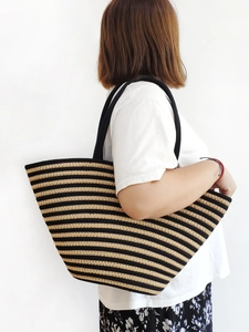 Vintage striped cotton rope woven shoulder bag in black and yellow for summer vacation