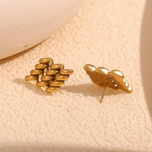 Macro shot of 18K gold plated stainless steel geometric earrings with fish scale texture