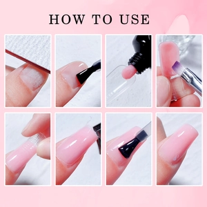 Step-by-step tutorial for applying pink nail extension gel with dual forms and tools
