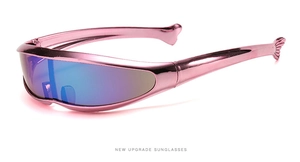 Macro shot of pink metallic dolphin-shaped Y2K sunglasses with fish-tail temple tips