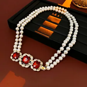 Vintage Layered Artificial Pearl Necklace Alloy Rhinestone Red Square Stones Long Sweater Chain Jewelry Women