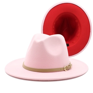 Pink and red two-tone wool felt fedora hat with wide flat brim and leather buckle strap