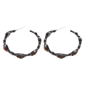 Vintage C-shaped tiger eye stone hoop earrings with silver needles and rhinestones