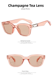 Detail view showing champagne pink square frames and silver metal hollow hinge accents