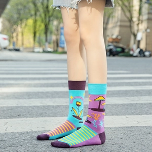 Asymmetrical cotton socks with colorful tulip and mushroom patterns for casual wear
