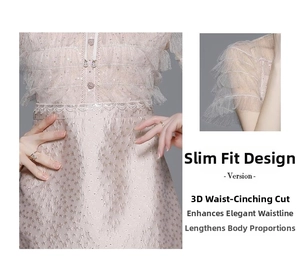 Detail of waist tailoring and sequined lace embroidery on champagne mesh dress