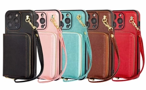 Multiple colors of PU leather wallet cases with card slots and wrist straps for iPhone