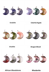 Detailed grid of crescent moon pendants in sodalite, agate, unakite, and bloodstone minerals