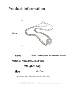 Detailed dimension guide for the silver pearl pendant necklace showing 40+6cm length