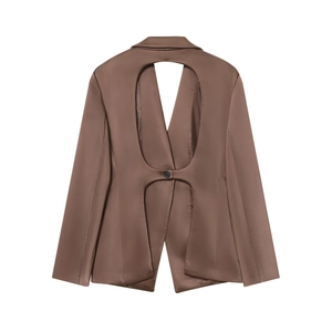 Coffee brown blazer featuring unique open back cutout and smooth satin-like glossy fabric