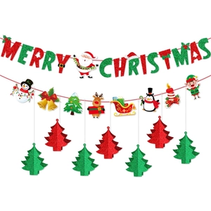 Merry Christmas Banner Hanging Ornaments Glitter Paper 3D Tree Cartoon Characters Holiday Party Decoration
