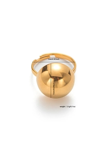 Detailed size specifications of the gold spherical titanium steel ring on white background