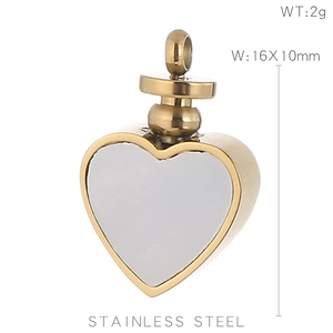 Macro shot of rose gold heart pendant with size and material specifications