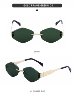 Detail view showing gold metal frame and dark green diamond cut lenses of these sunglasses