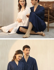 Close-up of lightweight waffle weave fabric on white and navy couple bathrobes