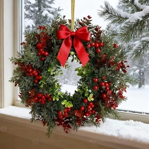 Detail of a Christmas wreath with green needles and red berries on a snowy window