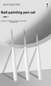 Detailed view of three long-handled nail art liner brushes for fine detailing