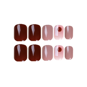 Short square cherry-themed press-on nails with dark brown and dotted pink designs
