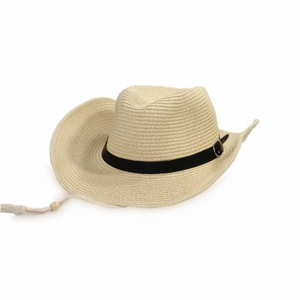 Detail of light beige straw cowboy hat with black leather strap and windproof rope