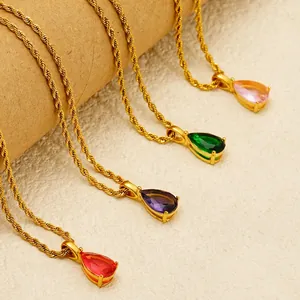 Water Drop Pendant Necklace 18K Gold Plated Stainless Steel Pear Cut Birthstone Gemstone Jewelry Elegant Gift Women