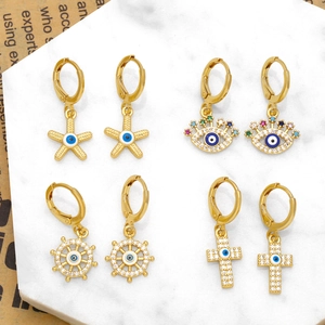 Vintage Copper Evil Eye Drop Earrings For Women Gold Plated Zirconia Starfish Cross Ship Wheel Bohemian Geometric Jewelry Accessory
