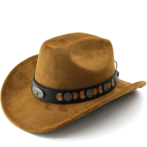 Western Cowboy Hat Faux Suede Wide Brim With Metal Bull Head Star Rivets Adjustable Retro Sunshade For Men Women