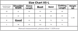 Detailed size chart for satin bow backless shirt with measurements for XS to L in CM