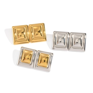 Three pairs of geometric square stud earrings in gold, silver, and two-tone stainless steel