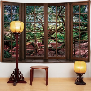 Detail of 3D forest window view tapestry with realistic trees for home wall decor