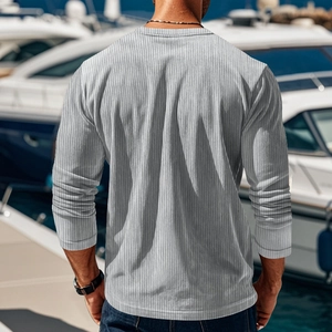 Men's slim fit long sleeve shirt in light gray corduroy fabric, outdoor lifestyle view