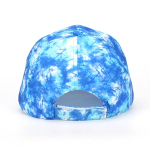 Close-up of blue and white tie-dye baseball cap with adjustable back velcro closure