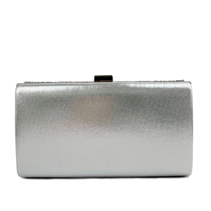 Detailed view of silver rectangular evening clutch with textured metallic finish and clasp