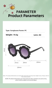 Detail of flower-shaped kids sunglasses with black PC frame and purple gradient lenses