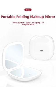 Detail view of foldable LED makeup mirror with Type-C port and 5X magnification lens