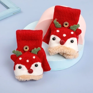 Kids Reindeer Knitted Convertible Gloves Winter Warm Thickened Fleece Lined Flip Top Mittens For Boys Girls Christmas Gift