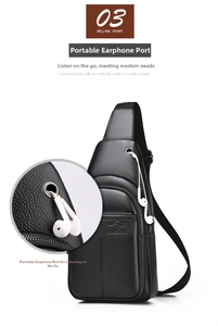 Detail of lychee pattern leather chest bag featuring a metal earphone hole and logo