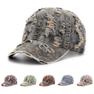 Distressed Denim Baseball Cap Washed Cotton Ripped Hole Colorful Stitching Retro Streetwear Adjustable Sun Hat