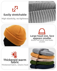 Close-up of thick knitted beanies showing stretchable fabric and various color options