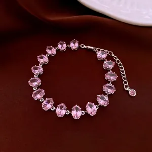 Luxury oval pink zircon bracelet for women with silver finish and adjustable chain links