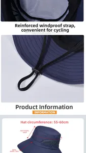 Detail of navy sun hat with breathable mesh lining and adjustable windproof rope