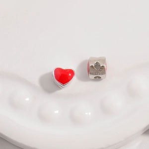 S925 sterling silver heart-shaped bead with red enamel finish for DIY jewelry